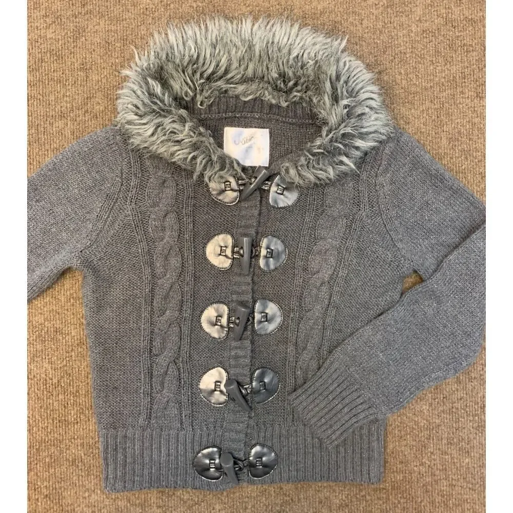 Vintage Justice Sweater Girls 8 Cardigan Fur Collar Cable Knit Toggle Button Y2K